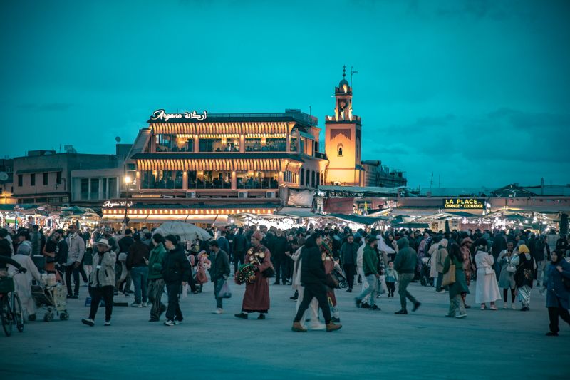 Jemaa el Fnaa square Marrakech dusk crowd