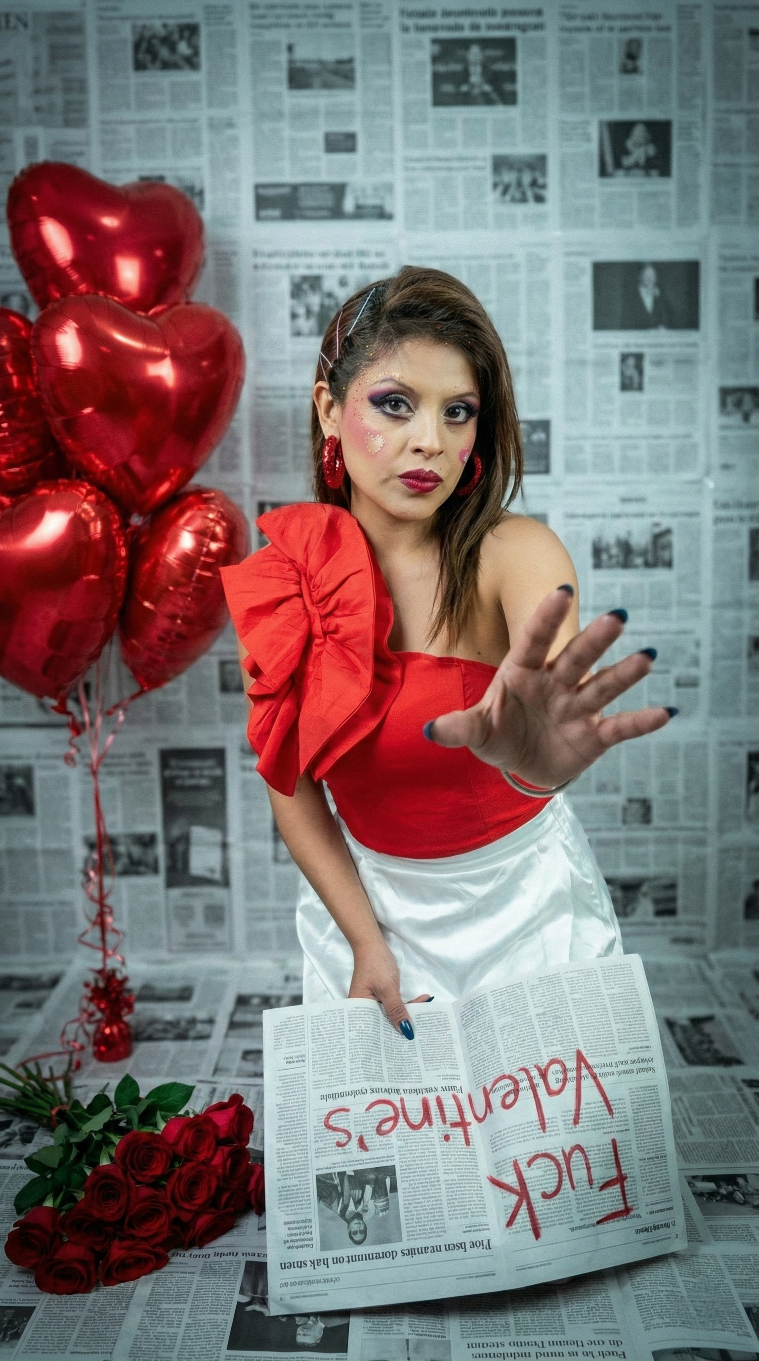 Woman in bold attire with red balloons, protesting Valentine's Day.