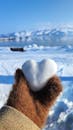 Heart-Shaped Snowball with Scenic Winter Background