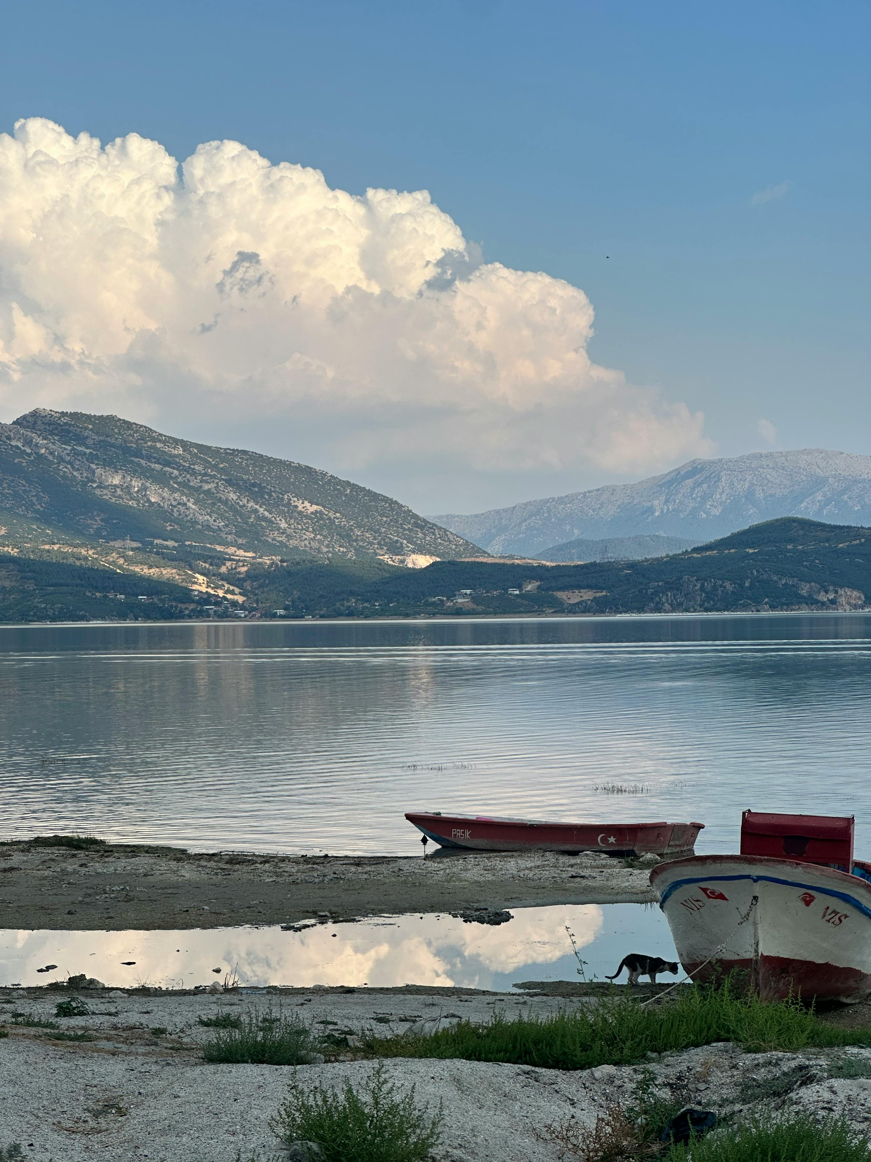 Serene Mountain Lake with Boats at Shoreline
