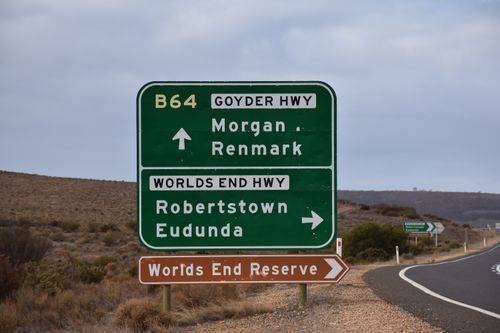 Free Highway signs directing to Morgan, Renmark, Robertstown, Eudunda, and Worlds End Reserve in Australia. Stock Photo
