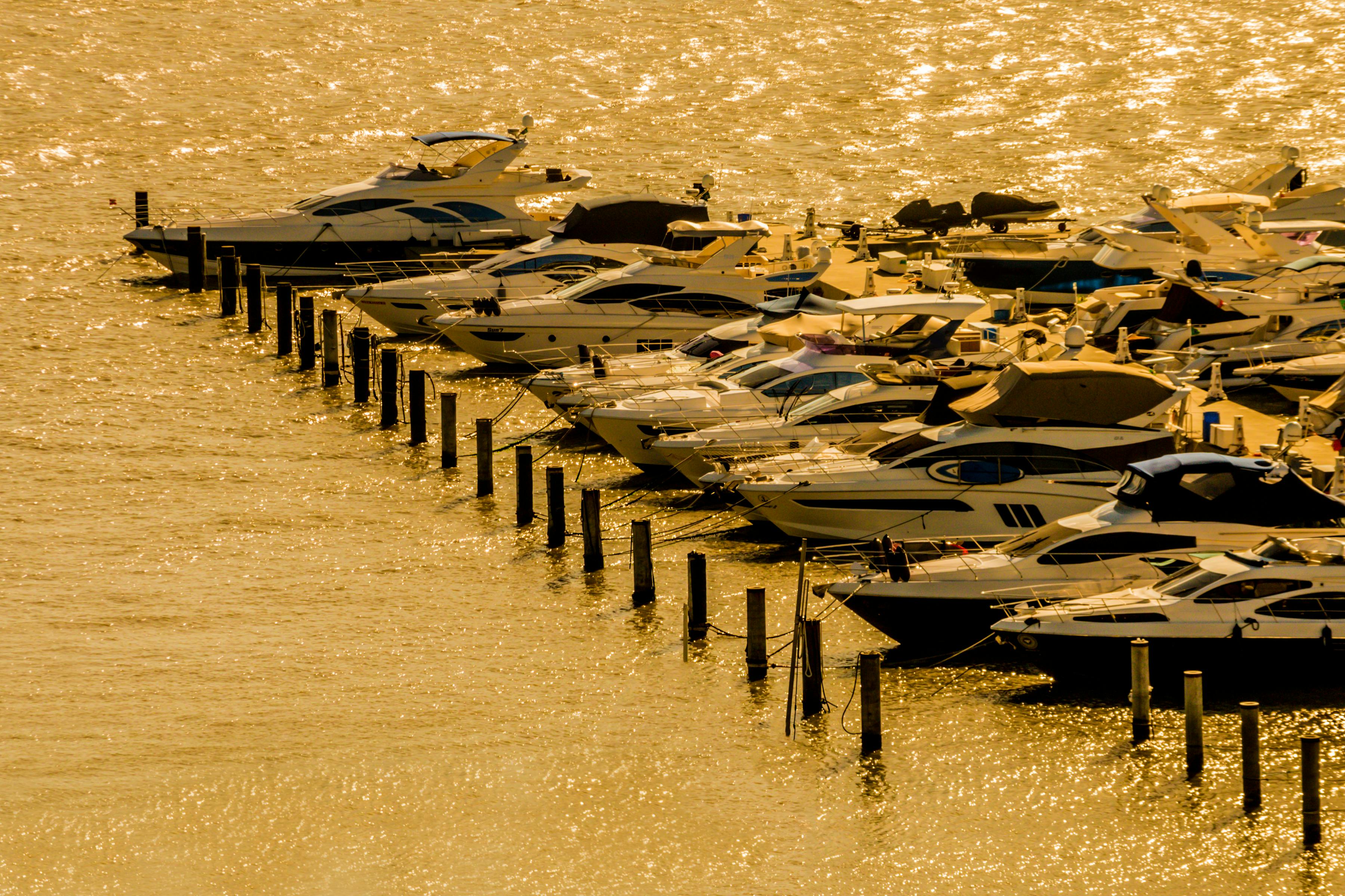 ingyenes Lenyűgöző kilátás nyílik a kikötőben kikötött jachtokra, amelyeket aranyló naplemente fénye fürdet, megörökítve a luxust és a nyugalmat. Stockfotó