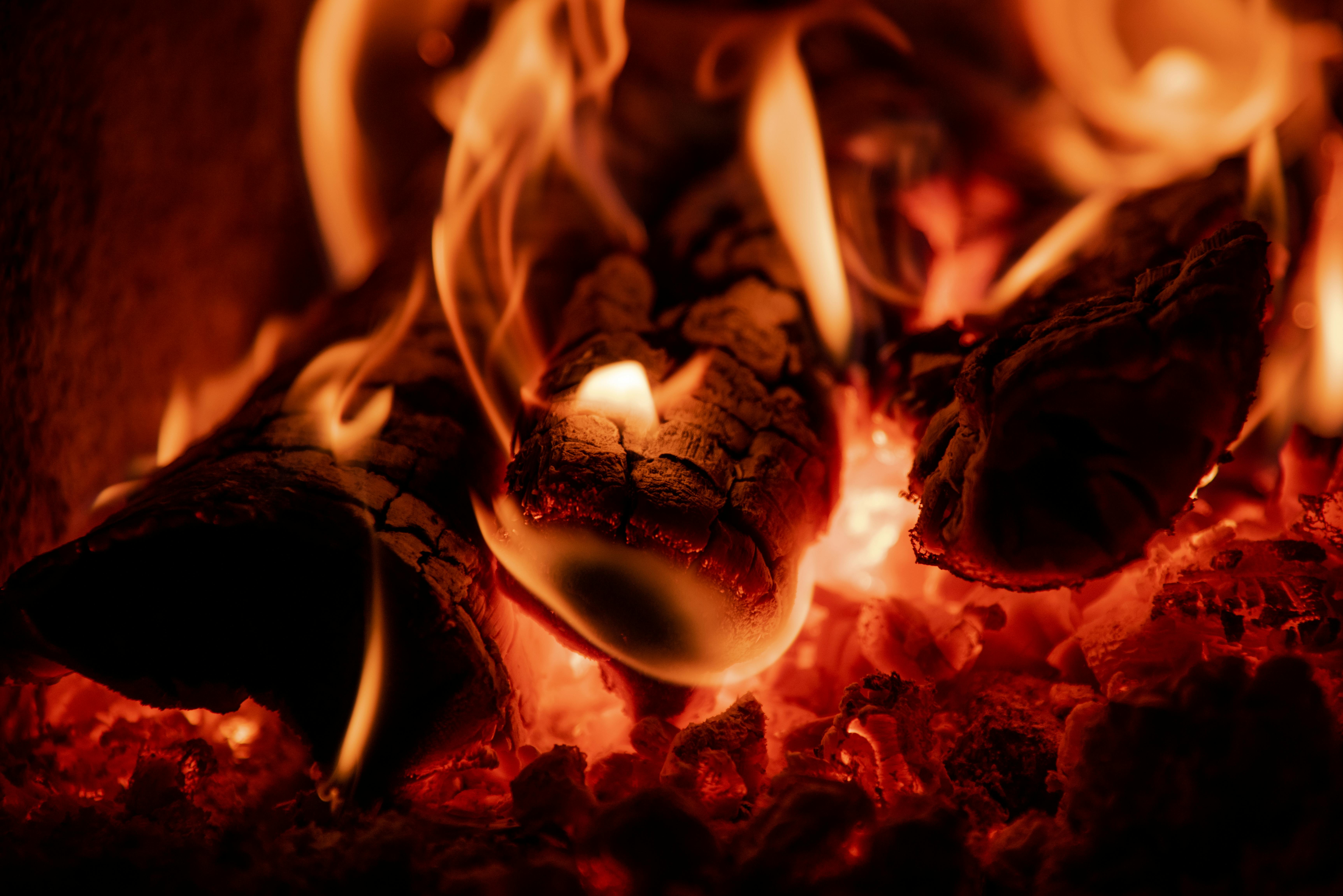 grátis Uma imagem intimista de lenha queimando, mostrando chamas laranja vibrantes e brasas incandescentes. Foto profissional