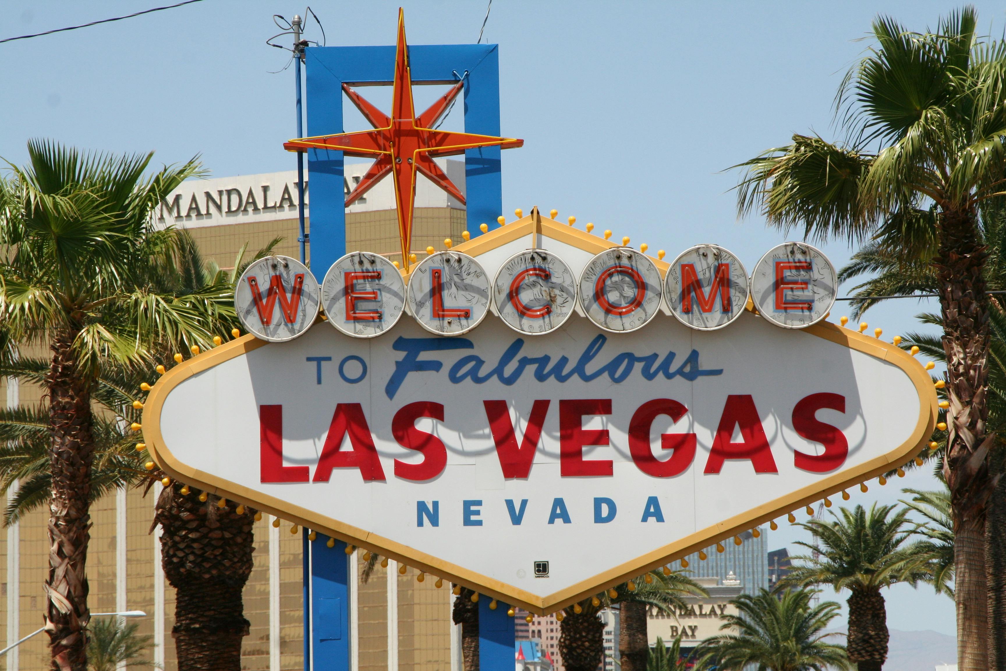 Free Famous illuminated sign welcoming visitors to Las Vegas, Nevada. Stock Photo