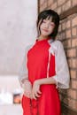 Young Woman in Red Dress Posing by Brick Wall