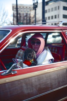 Individual in a red vintage car holding a dog, creating a retro travel vibe.