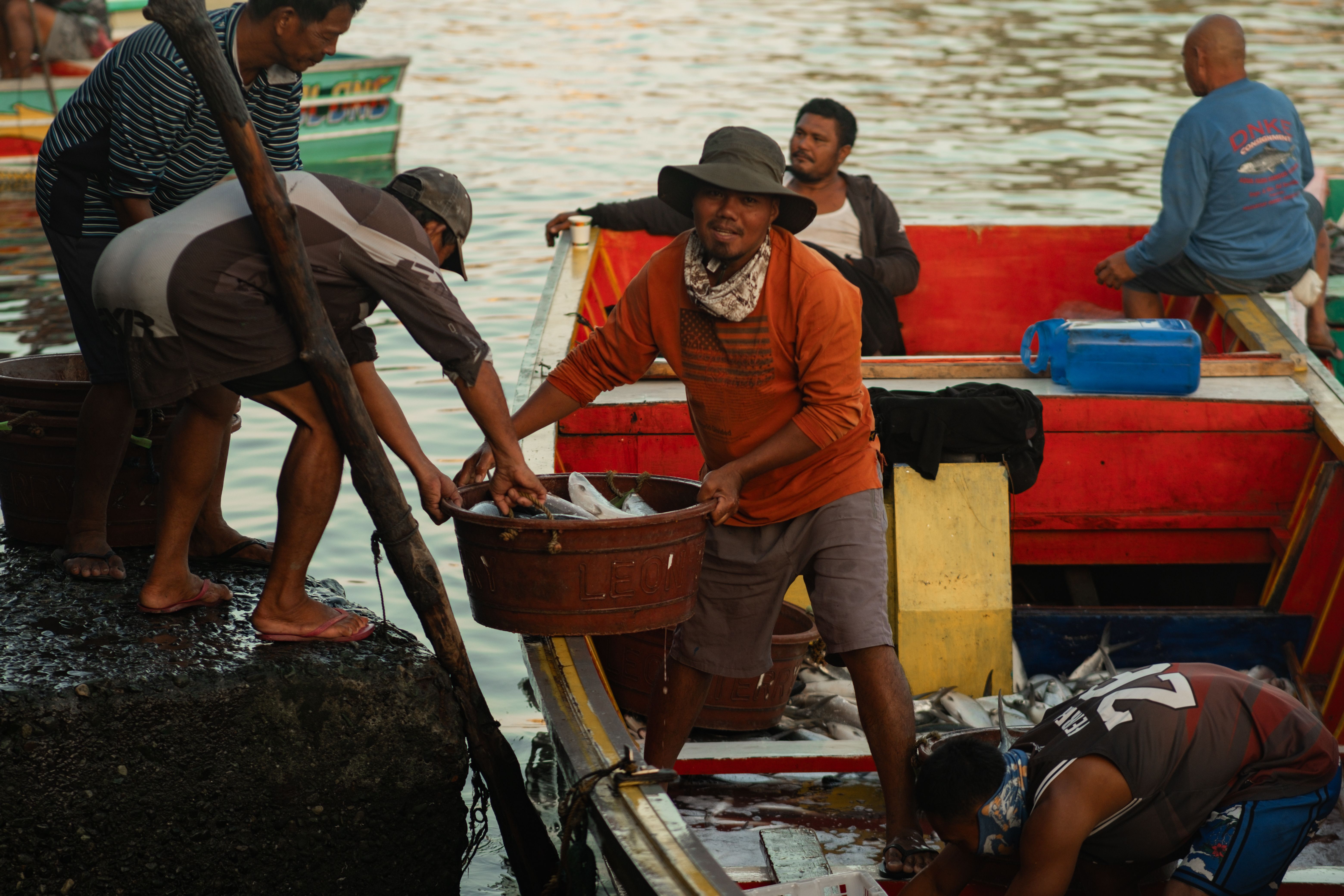 Fishermen unloading catch at dock in evening light · Free Stock Photo