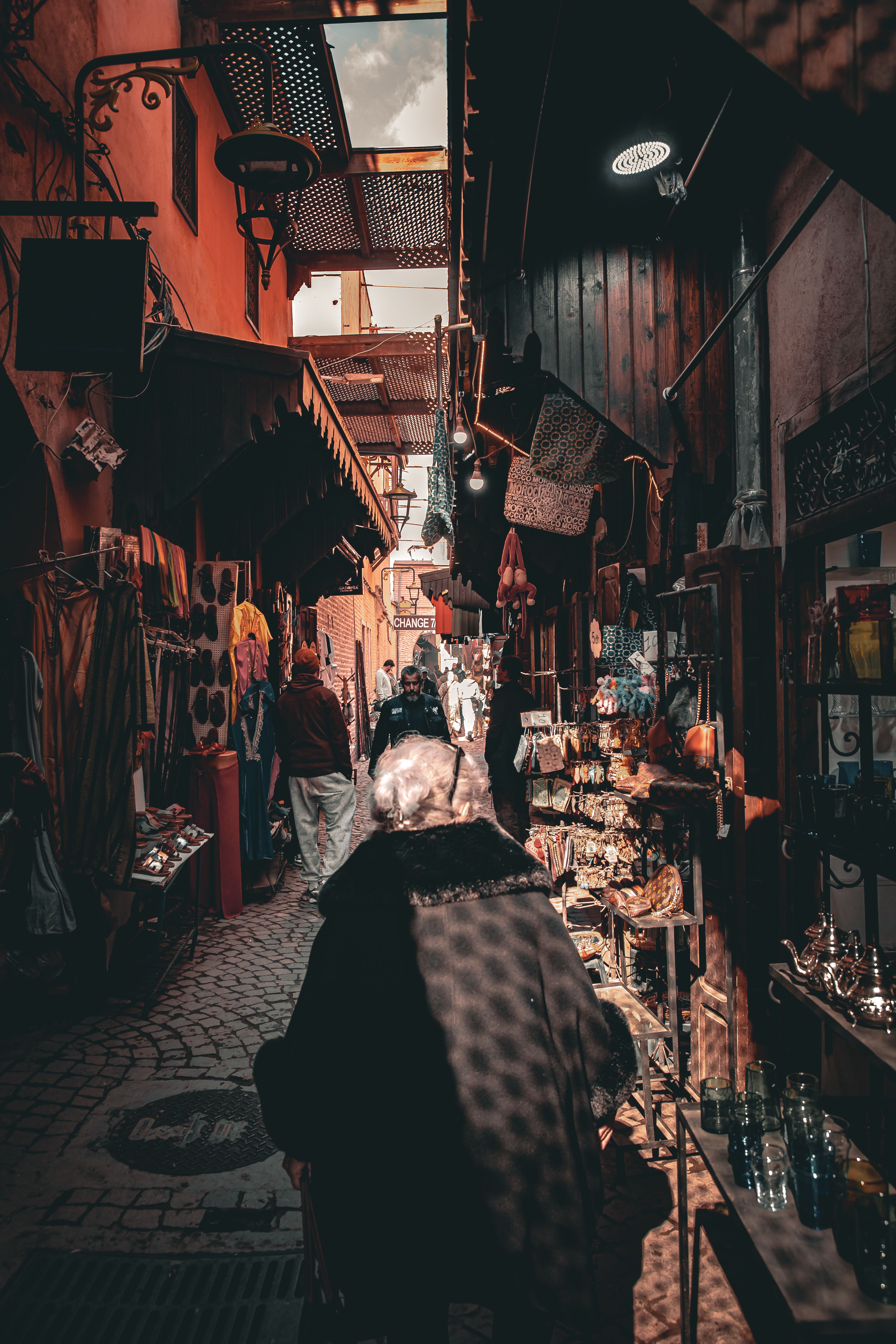 Covered souk lanes and traditional market atmosphere in Marrakech medina