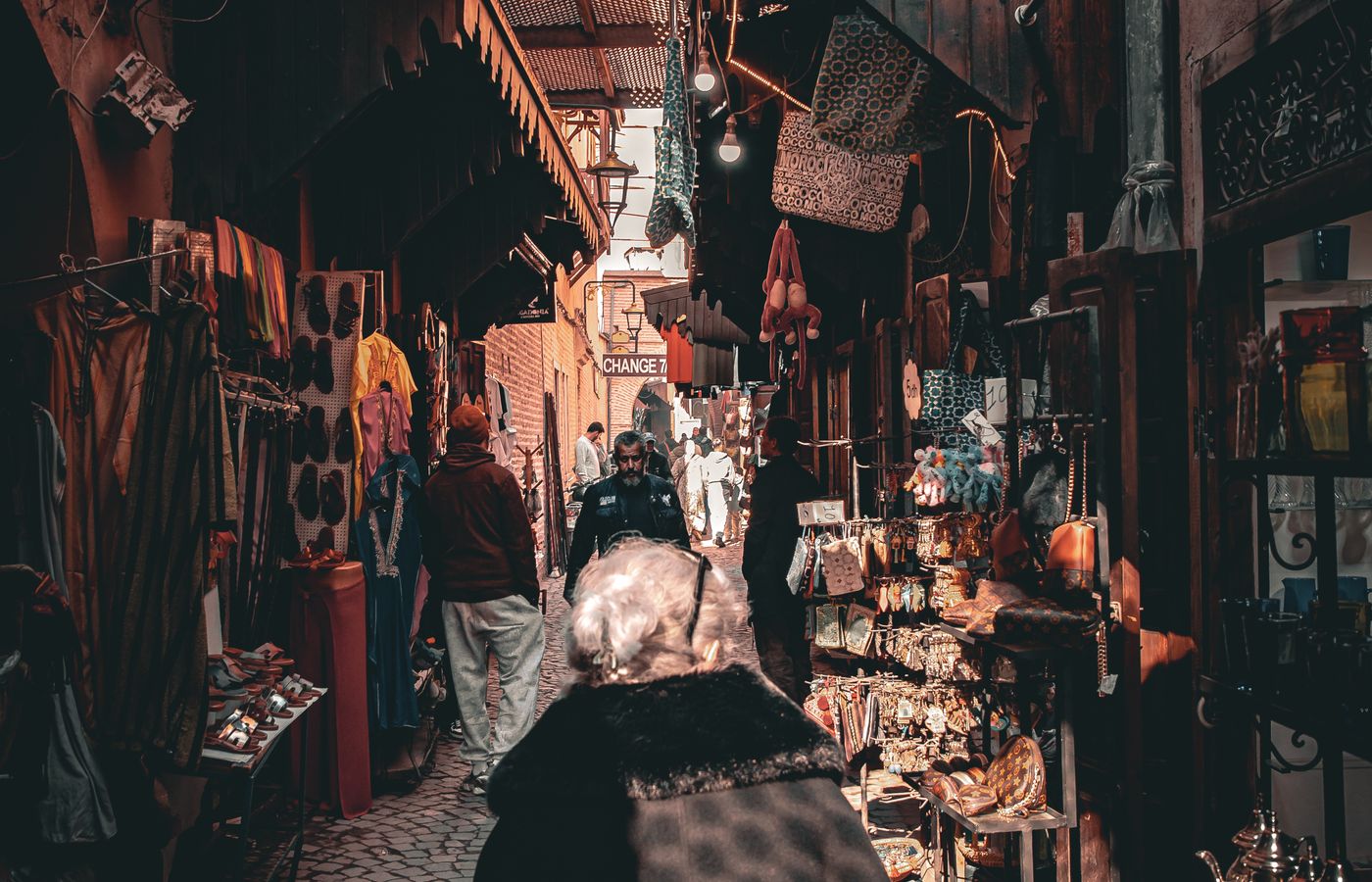 Covered souk lanes and traditional market atmosphere in Marrakech medina