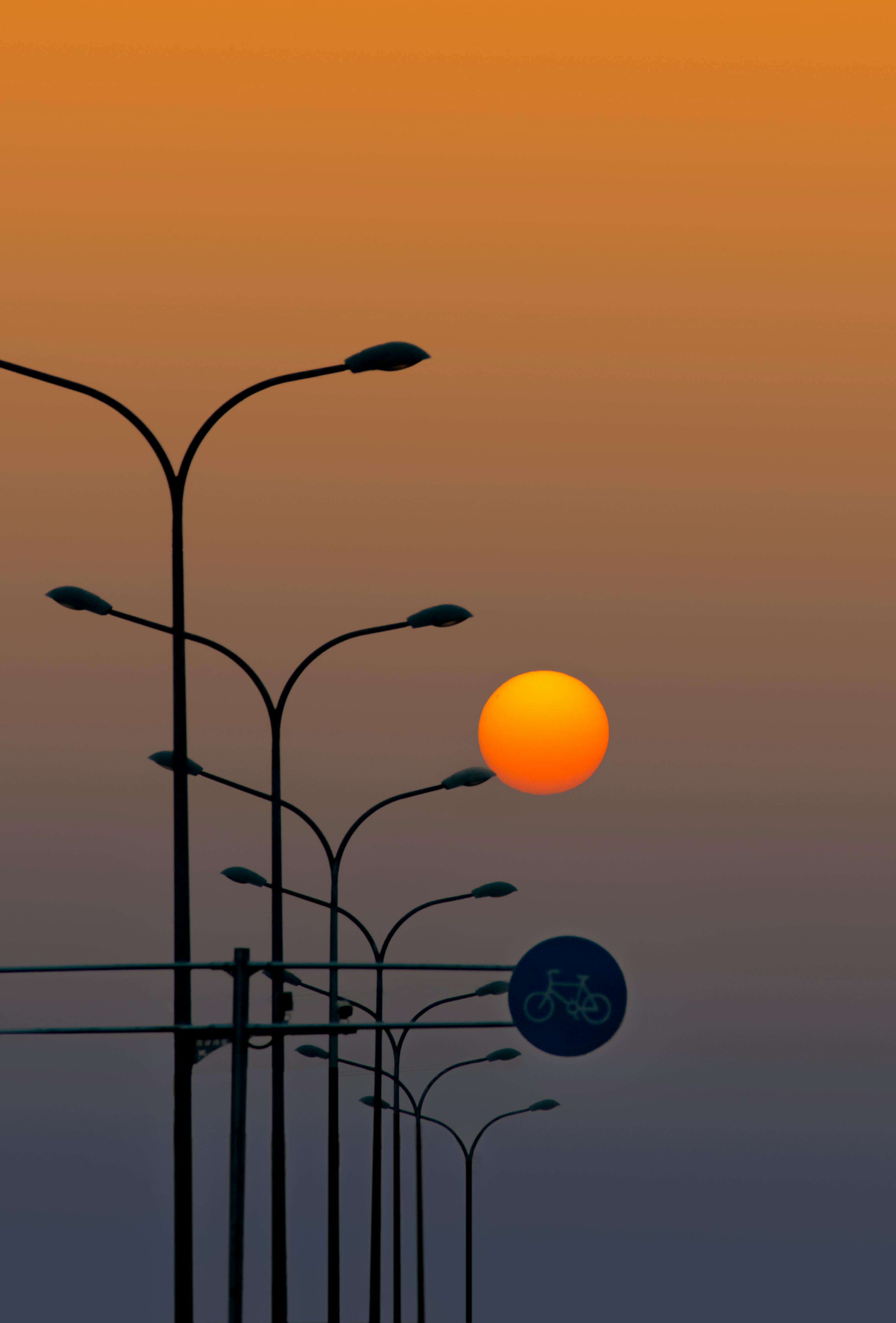 grátis Silhuetas elegantes de postes de luz ao pôr do sol, com uma placa de bicicleta visível. Foto profissional