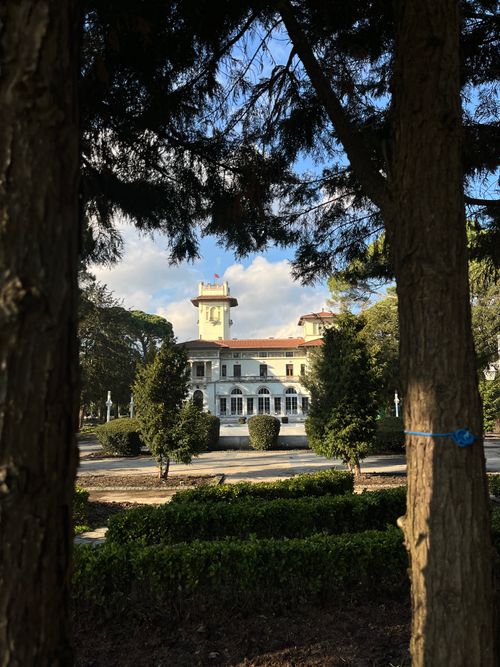 Free A historic mansion framed by trees in a scenic view, Istanbul, Türkiye. Stock Photo