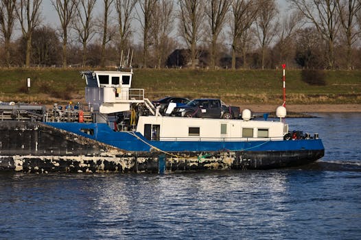 Cargo ship on a river carrying vehicles under a clear winter sky.