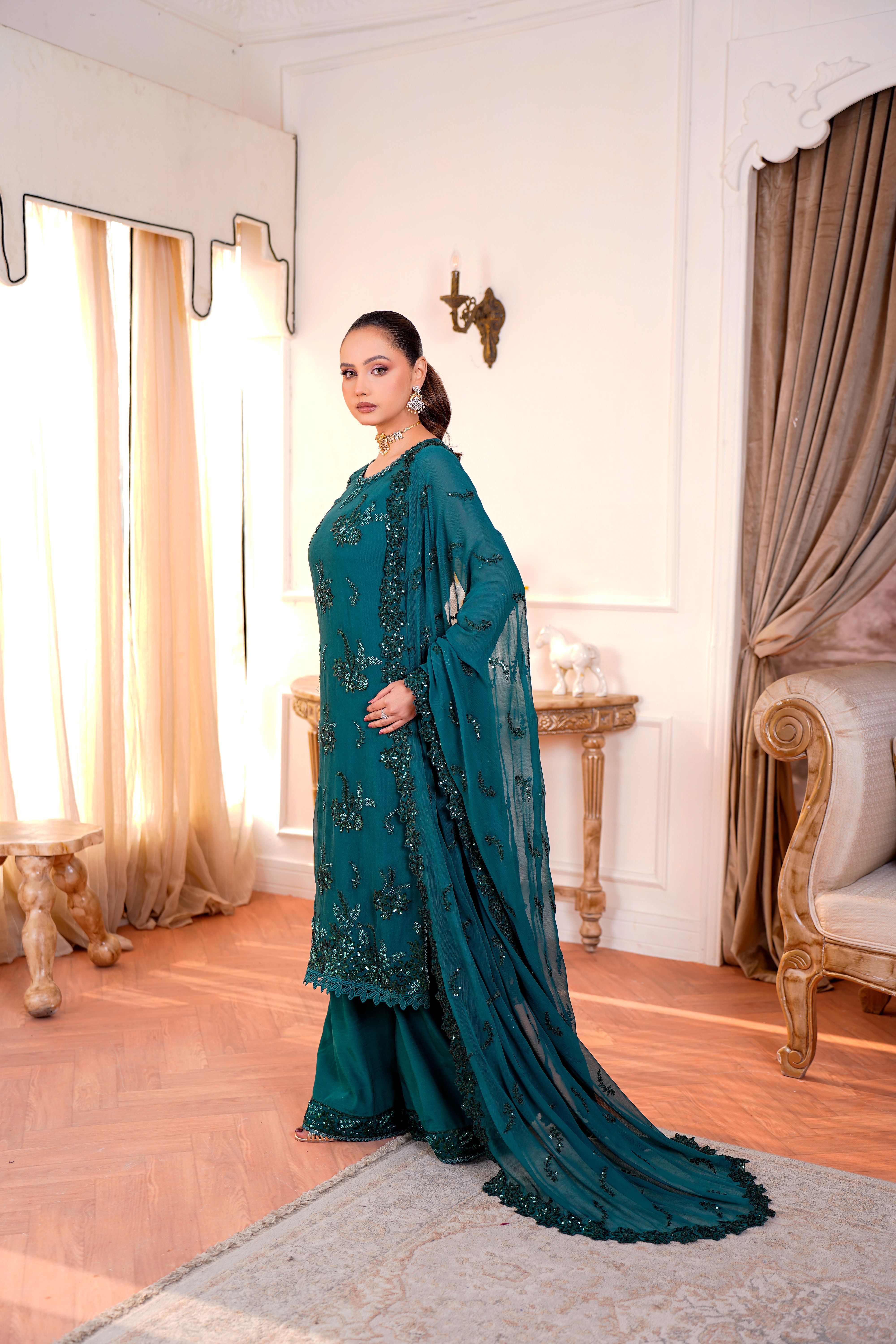 Elegant Teal Embroidered Dress