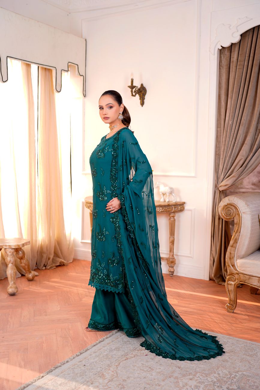 Elegant Teal Embroidered Dress