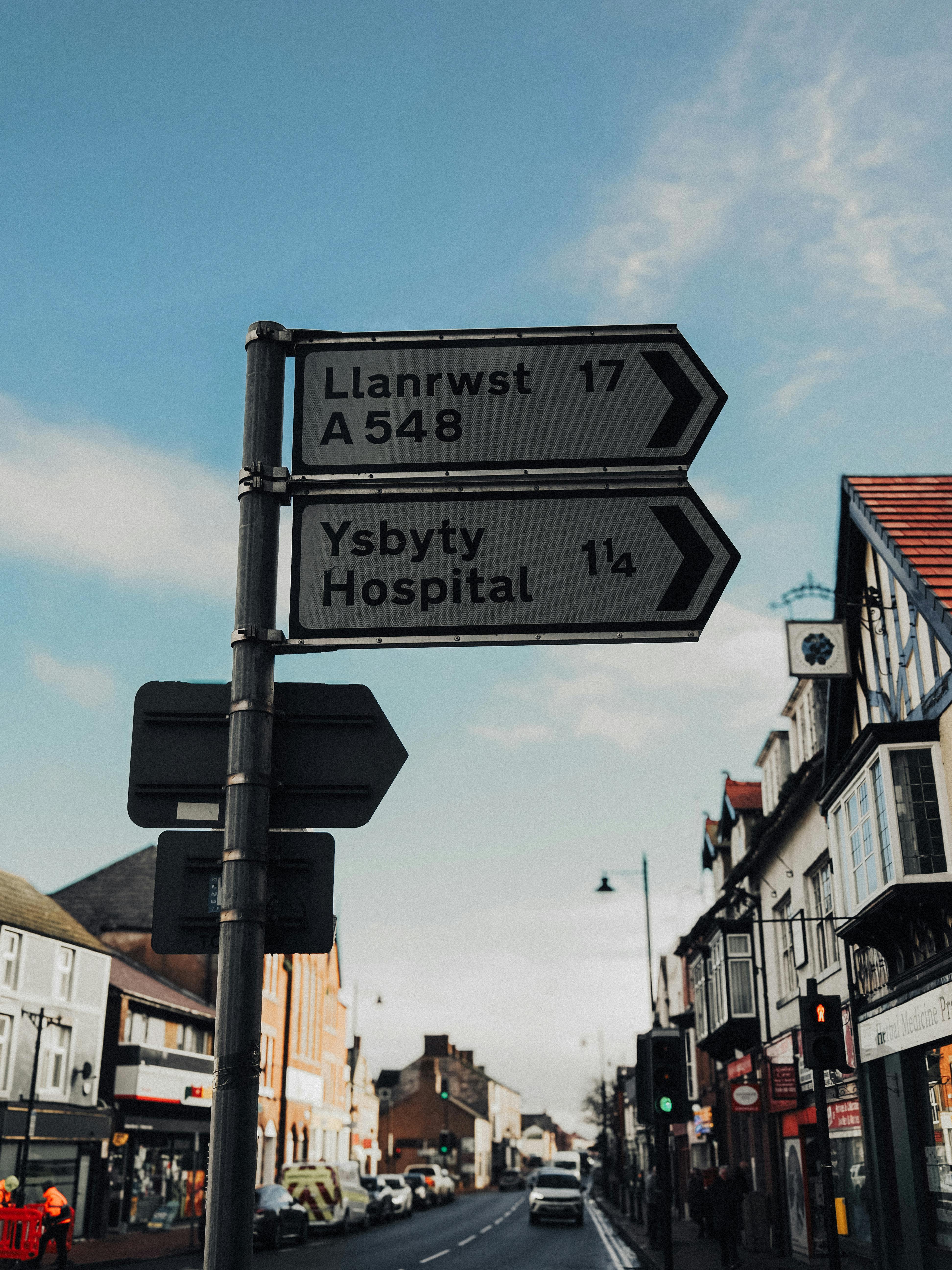 Captivating street view in Abergele, Wales, with direction signs and classic architecture.