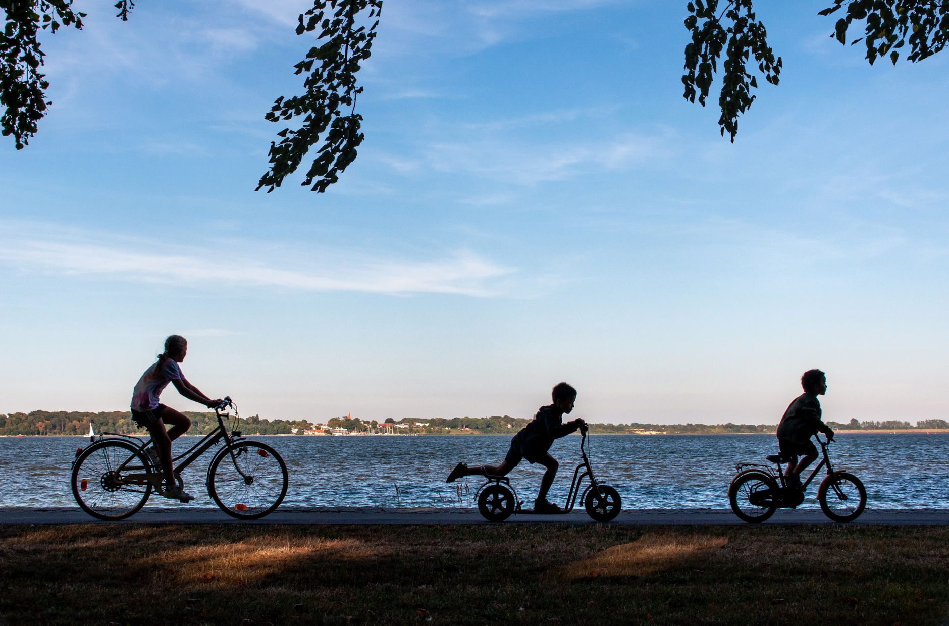 Children cycling and scooting by the lakeside