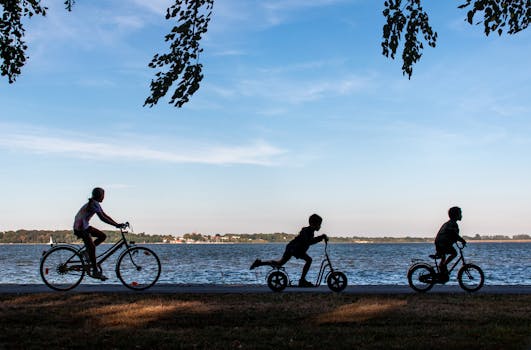 Silhouettes of children playing on bikes and scooter by a serene lakeside during daylight.