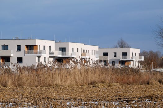 White modern apartments against a natural background during winter.