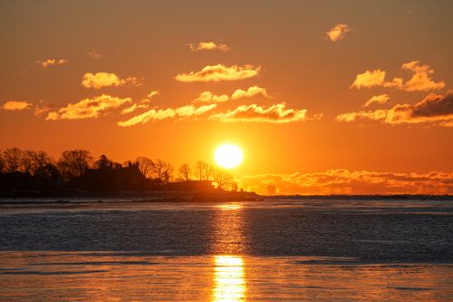 Free A breathtaking sunset over the ocean, with silhouetted trees and vibrant clouds. Stock Photo