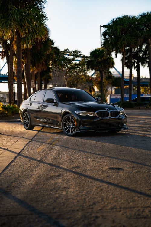 Free A sleek black luxury sedan is parked outdoors in a tropical setting, captured at sunset. Stock Photo