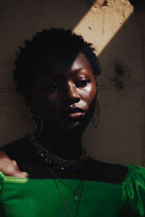 Free A portrait of a woman in dramatic lighting, highlighting elegance and emotion. Stock Photo