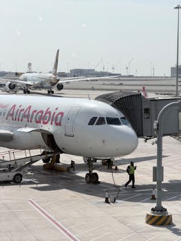 Air Arabia airplane docked at Abu Dhabi airport with clear blue sky.