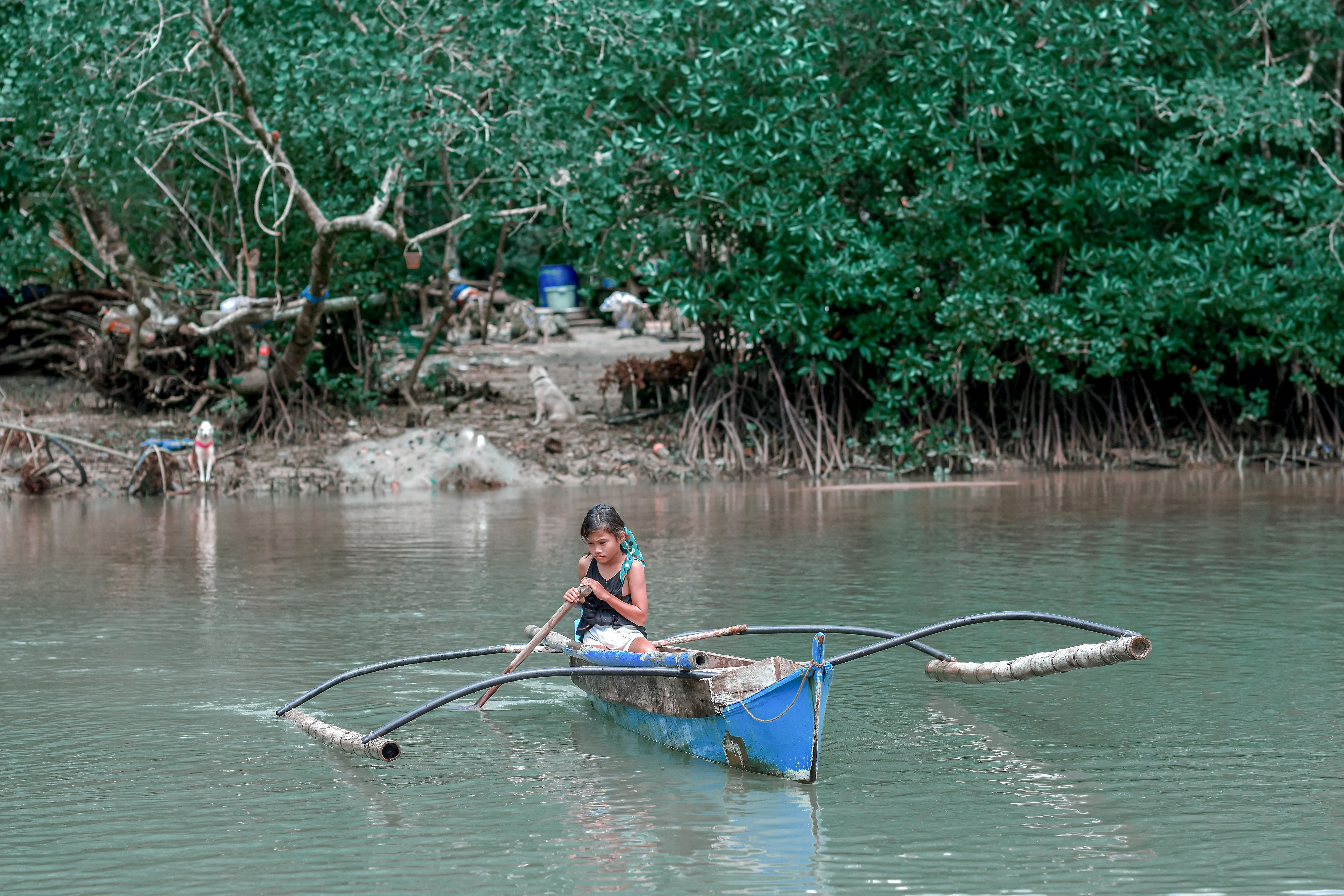 A young girl skillfully paddles a blue canoe in a serene mangrove area, surrounded by dense greenery