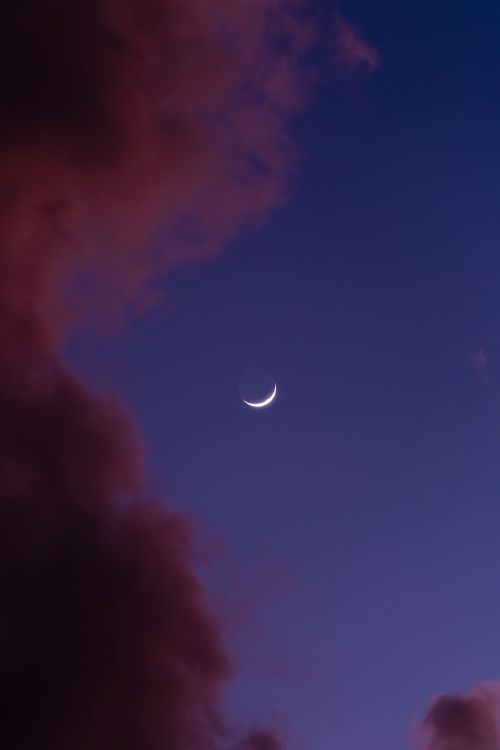 Free A stunning crescent moon amidst vibrant pink and purple clouds during twilight in Akumal, Mexico. Stock Photo