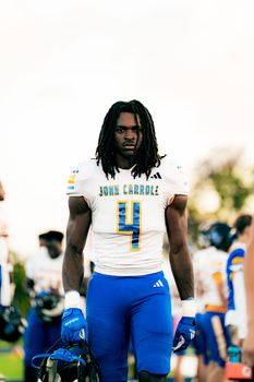 Football player in blue uniform with teammates, showcasing athleticism and determination.