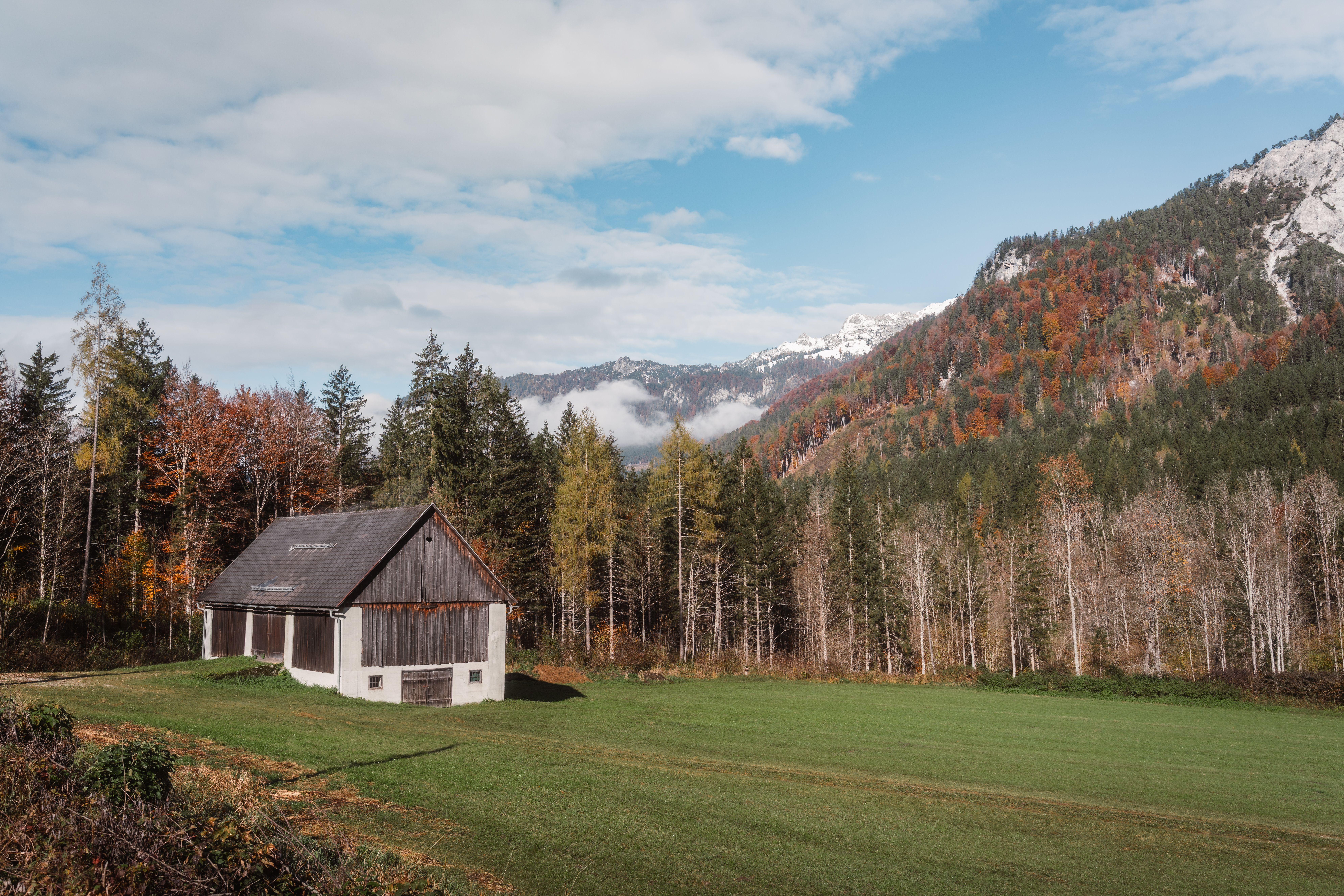 A scenic view of a rustic cabin surrounded by autumn foliage in the Austrian Alps.