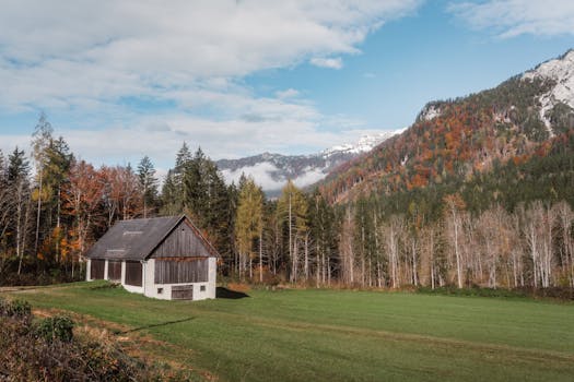 A scenic view of a rustic cabin surrounded by autumn foliage in the Austrian Alps.