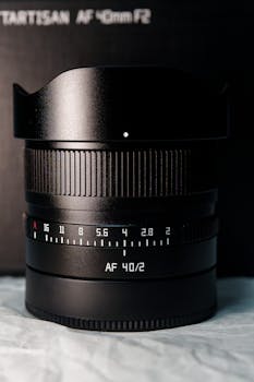 Detailed shot of a black camera lens with focus on aperture settings and branding.