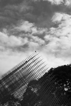 A striking monochrome image of an architectural structure against a cloudy sky in New Taipei City, Taiwan.