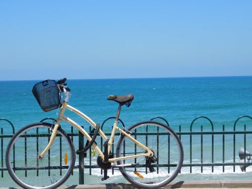 Free Vintage bicycle parked by the vibrant blue Mediterranean Sea in sunny Tel Aviv, Israel. Stock Photo