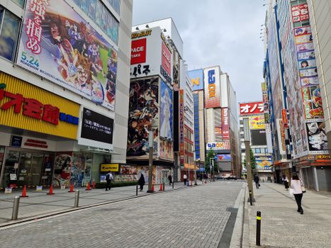 Explore the bustling streets of Akihabara in Tokyo, Japan, adorned with vibrant anime and storefront signs.