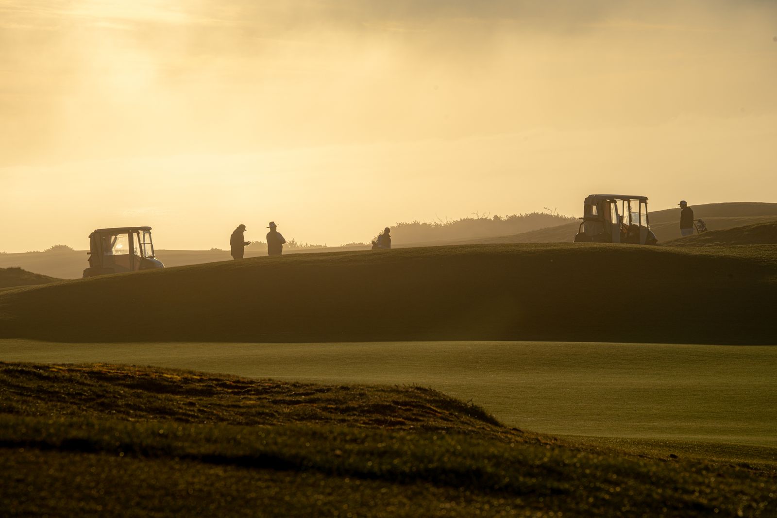 Golfers and buggies in silhouette on rolling links in golden-hour haze