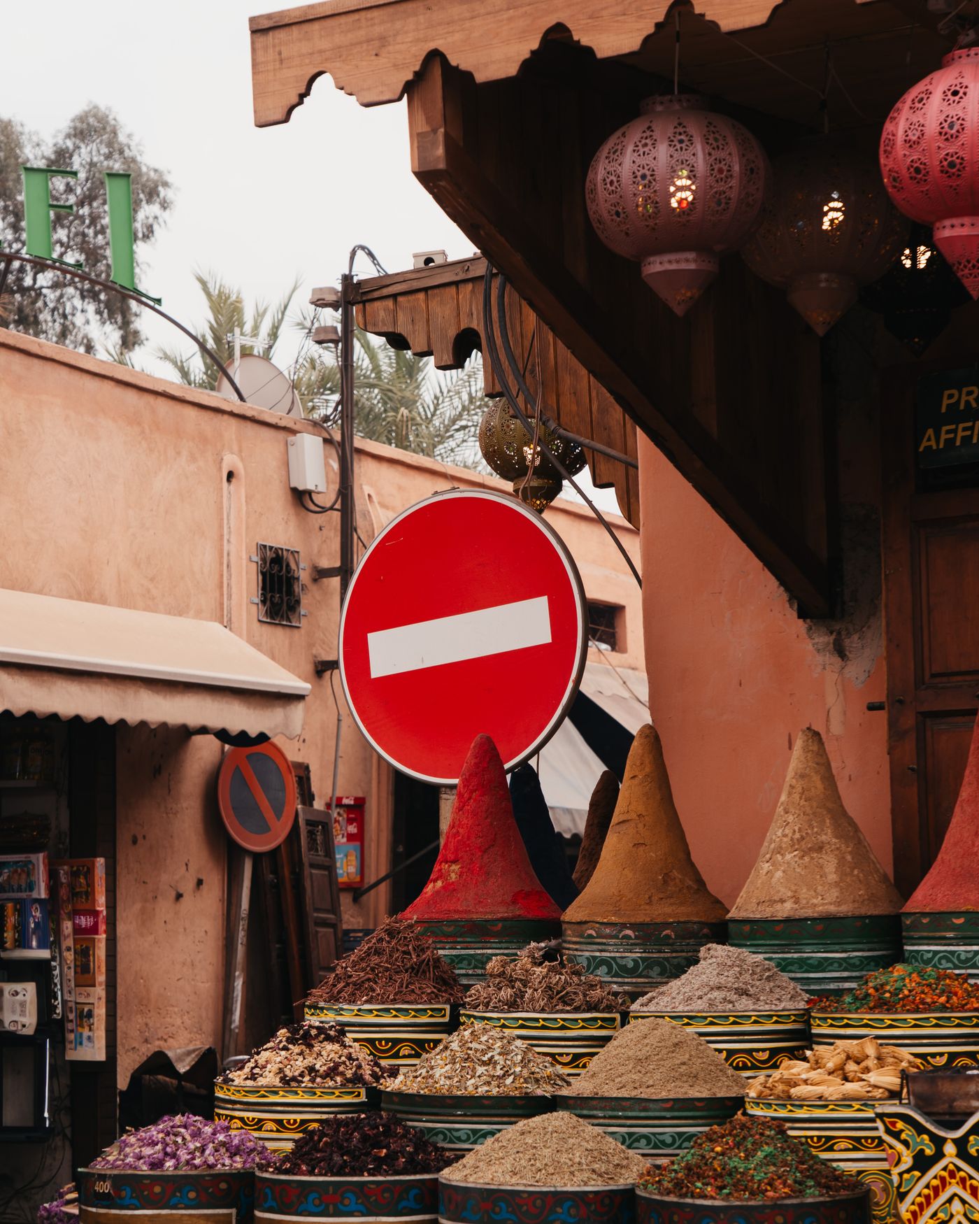 Colorful spices in a traditional Marrakech market in Morocco