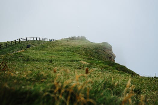 A serene and misty cliffside landscape with lush green grass and a distant view of hikers.
