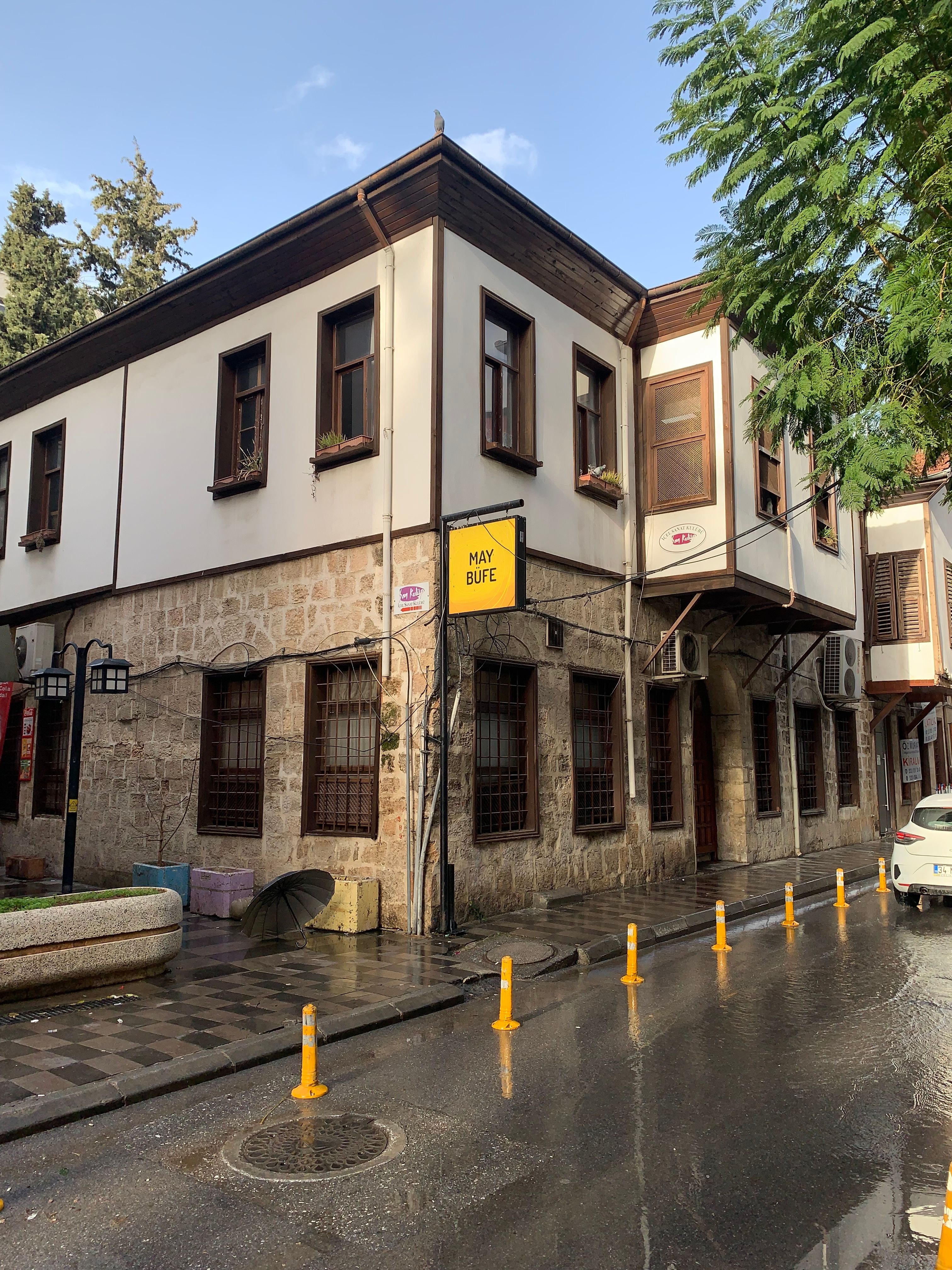 Charming historic building with Ottoman architecture style in Old Town Mersin, Turkey, captured after rain.