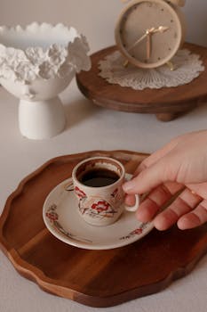 A hand holding an elegant coffee cup with an artistic pattern in a minimalistic setting.