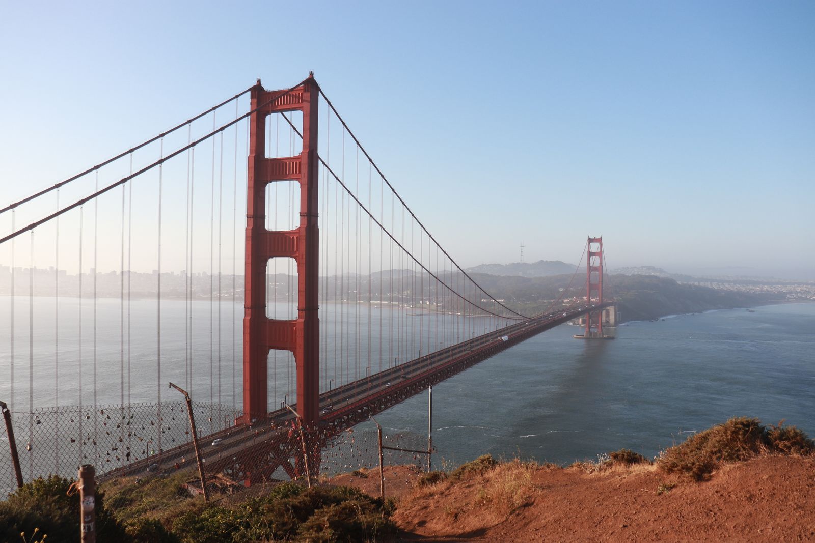 Golden Gate Bridge on a clear day with the Marin Headlands in the foreground