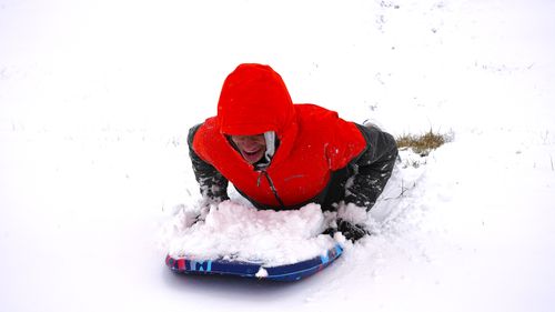 Free Adult enjoying winter sledding on snowy hill in vibrant red jacket. Stock Photo