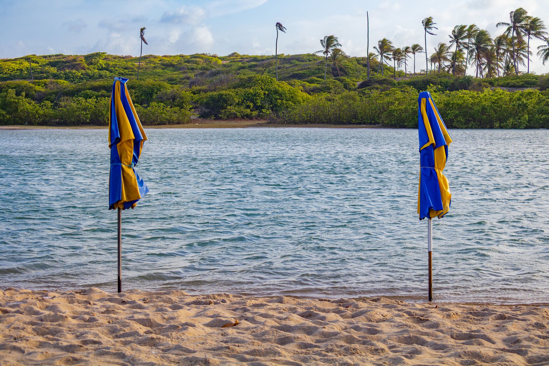 Serene tropical beach with two folded umbrellas by the shoreline in Maxaranguape.