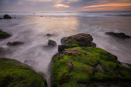 Free A serene ocean scene with moss-covered rocks at sunset, capturing the beauty of nature. Stock Photo