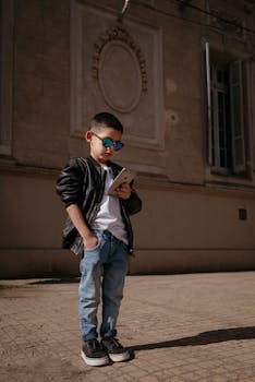 Boy in sunglasses and leather jacket using smartphone in a sunlit urban setting.