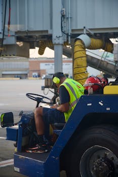 Airport ground crew member in safety gear operating a maintenance vehicle.
