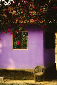 A picturesque purple house adorned with bougainvillea blooms, evoking a serene, tropical vibe.