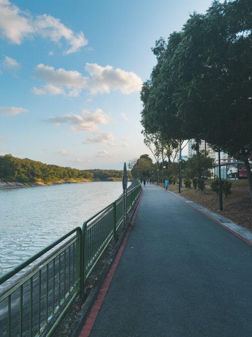Free A serene riverside walking path with trees and railing under a sunset sky. Stock Photo