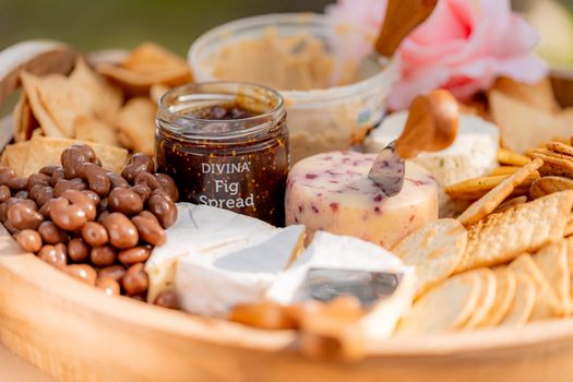 A gourmet platter of cheeses, fig spread, and assorted crackers, perfect for a picnic.