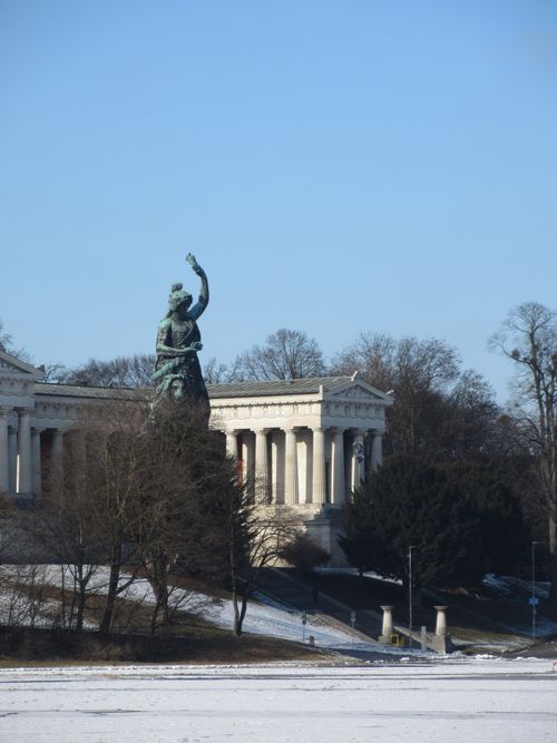 Free View of Bavaria Statue and snowy Ruhmeshalle in Munich, Germany. Stock Photo